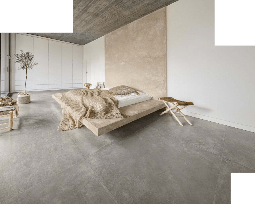 Tyles keramische tegels betonlook grijs vloer slaapkamer xxl groot formaat