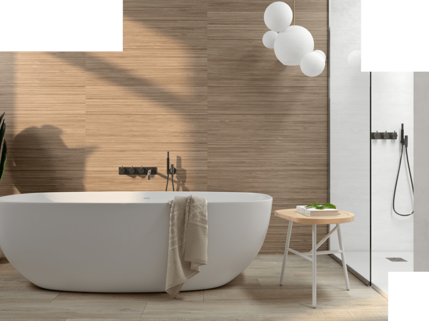 Carrelage céramique murs effet bois salle de bains