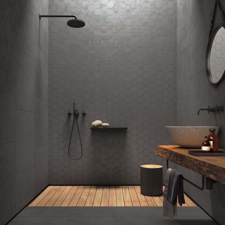 Tyles grijze donkere moderne badkamertegels vloer en wand